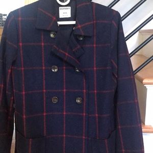 Navy Blue/Red Plaid Pea Coat